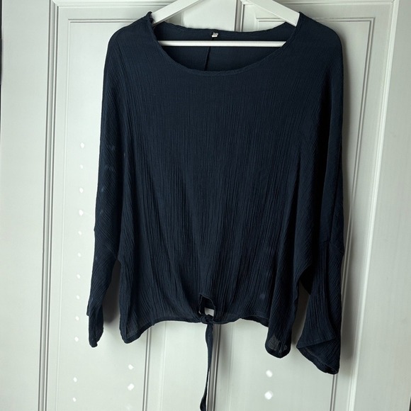 Tops - Tie Front Gauze Blouse Large Navy Blue Long Sleeve Dolman Top
